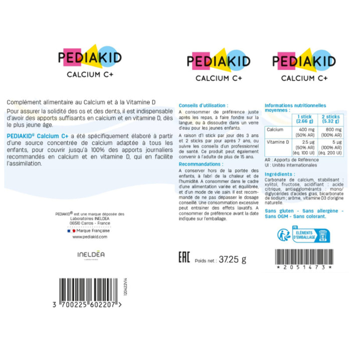 PEDIAKID - Calcium C+ et Vitamine D - Complément Alimentaire Naturel - Couvre 100% des AJR en Calcium - Maintien du capital osseux et dentaire - Goût Cola - Sticks de poudre orodispersible - Lot de 2