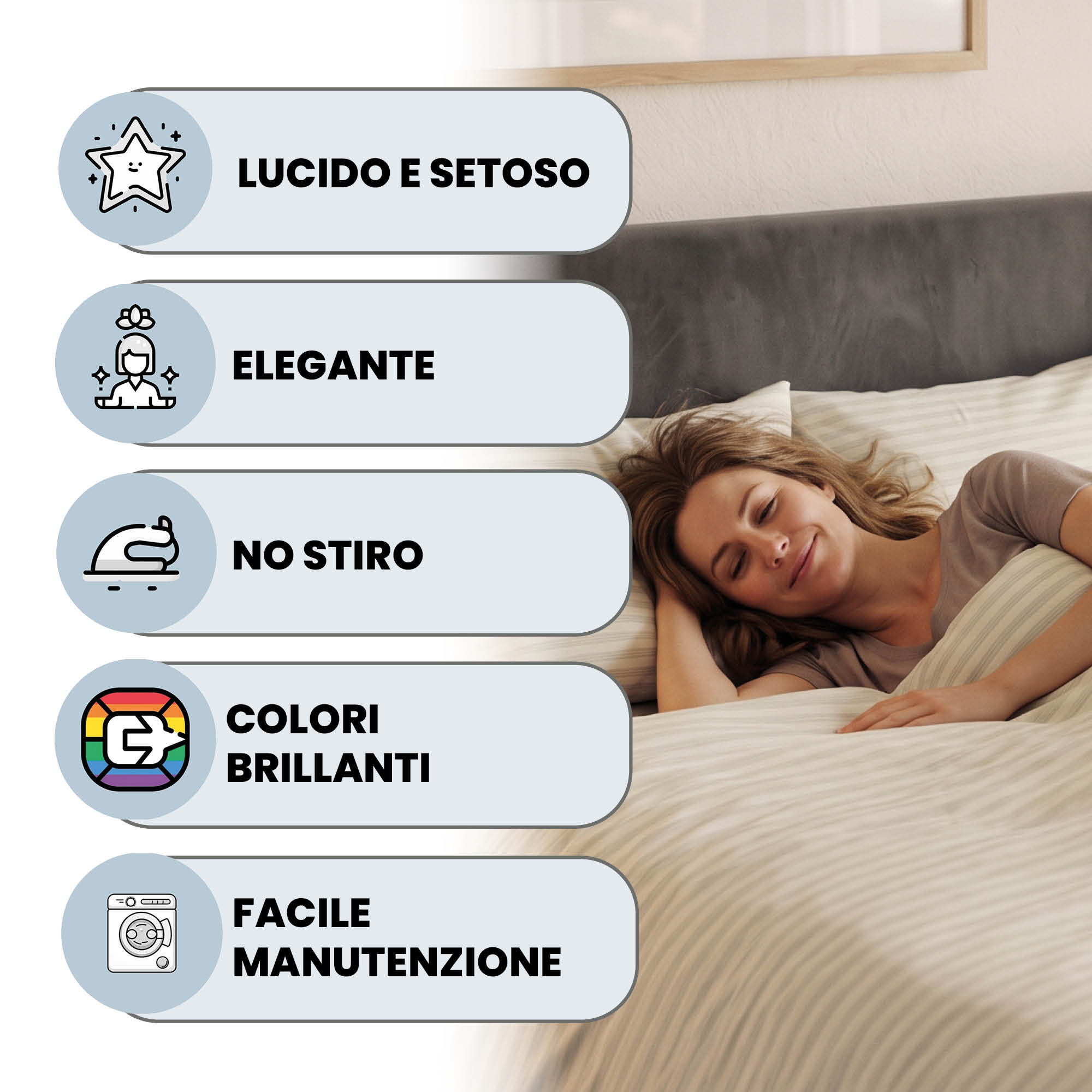 PARURE COPRIPIUMINO SATIN STRIPES, 100% Raso di Poliestere, Made in Italy, No Stiro - PANNA