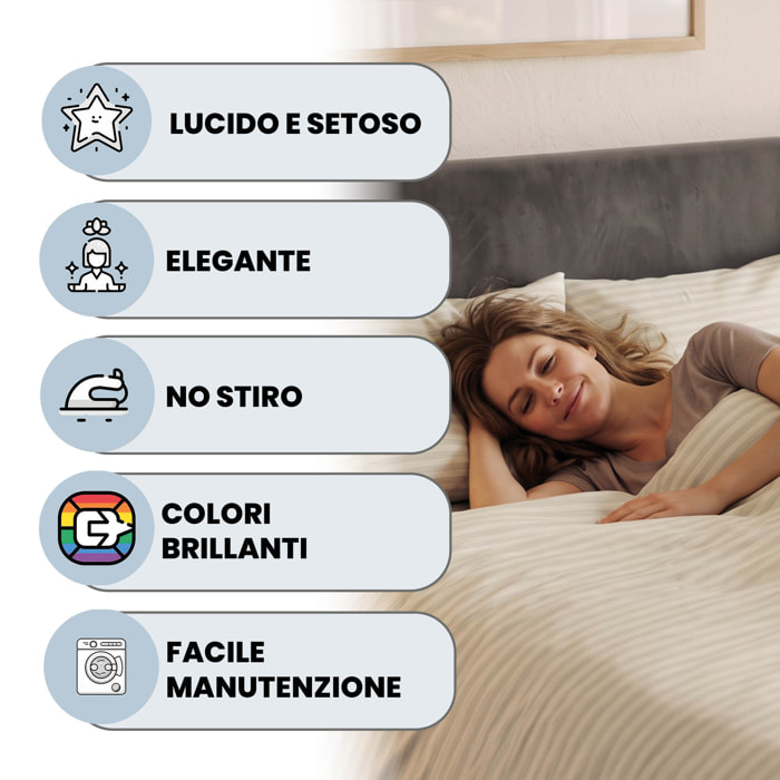PARURE COPRIPIUMINO SATIN STRIPES, 100% Raso di Poliestere, Made in Italy, No Stiro - PANNA