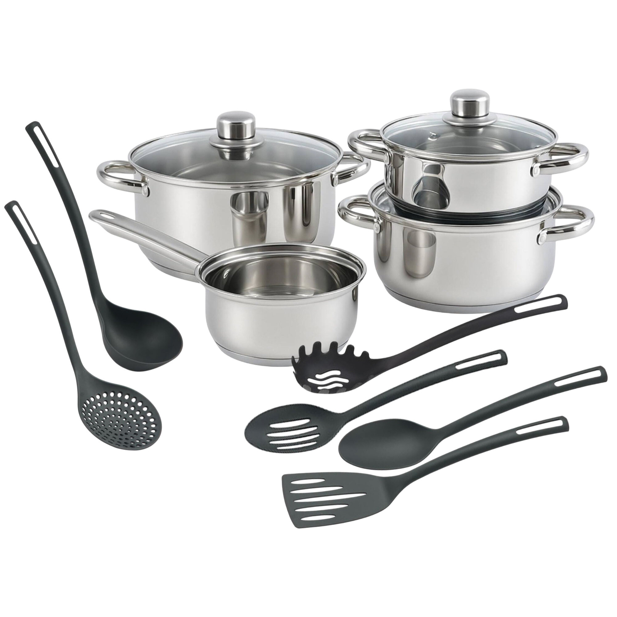 juego de batería de cocina de 7pc en acero inoxidable + 6 utensilios básicos de cocina en pbt negro