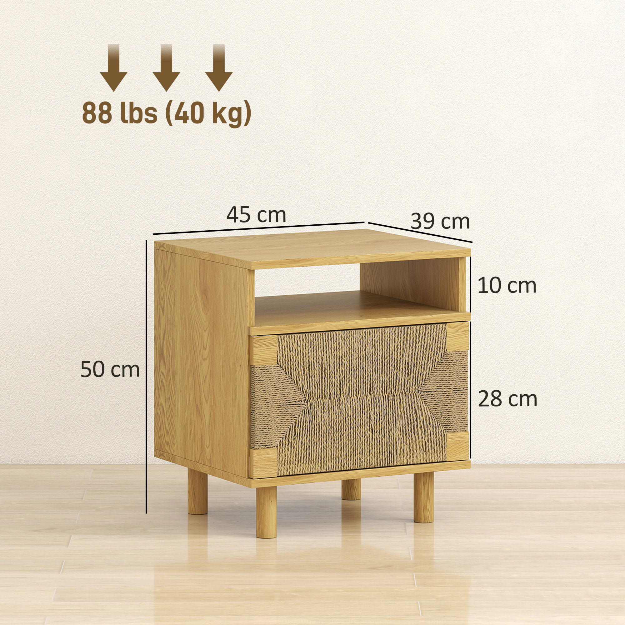Mesita de Noche Bohemio con Puerta de Cuerda de Papel, Mesilla de Noche con Estante Abierto, Patas de Madera y Apertura por Presión, Mesa Auxiliar para Dormitorio, Salón, 45x39x50 cm, Roble
