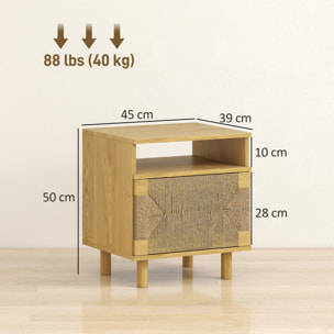 Mesita de Noche Bohemio con Puerta de Cuerda de Papel, Mesilla de Noche con Estante Abierto, Patas de Madera y Apertura por Presión, Mesa Auxiliar para Dormitorio, Salón, 45x39x50 cm, Roble