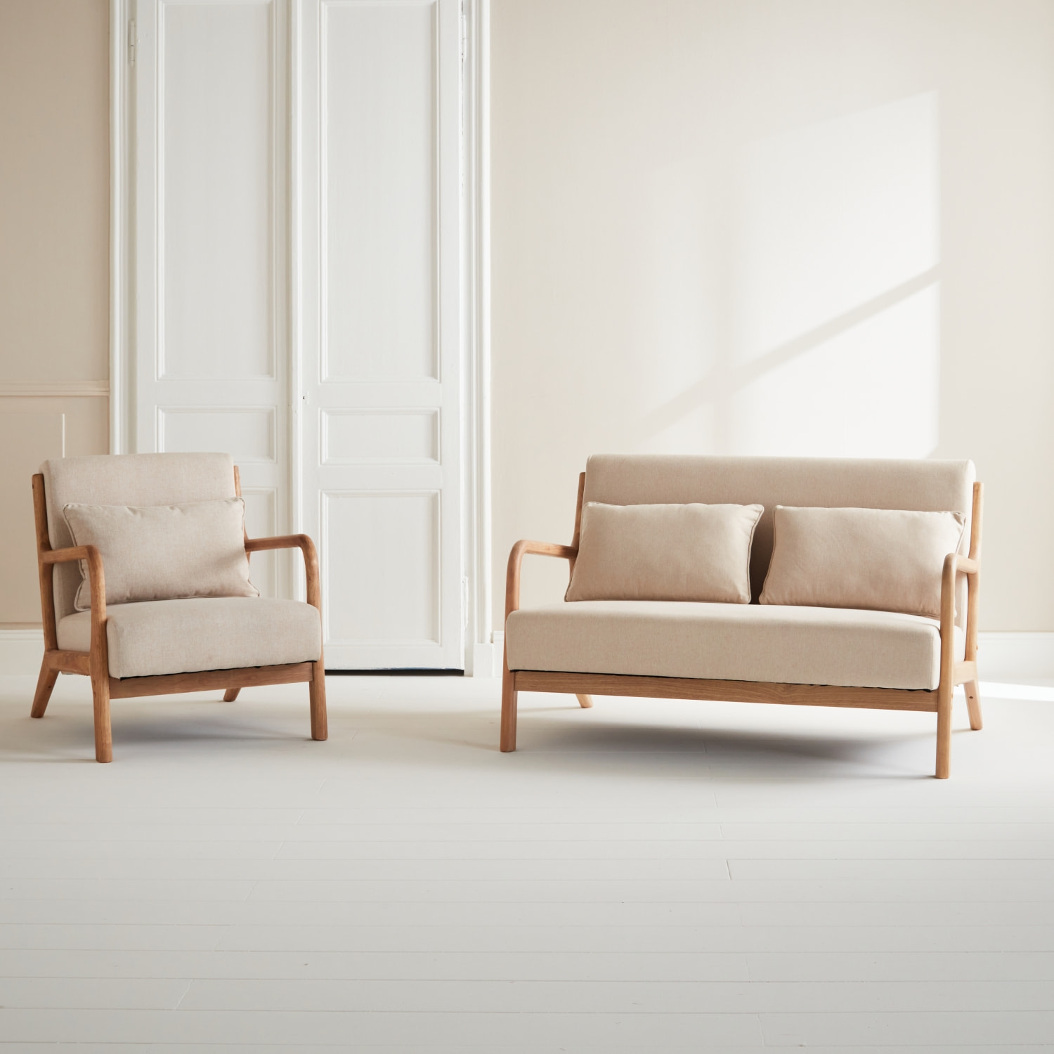 Banquette scandinave 2 places + Fauteuil bois et tissu LORENS