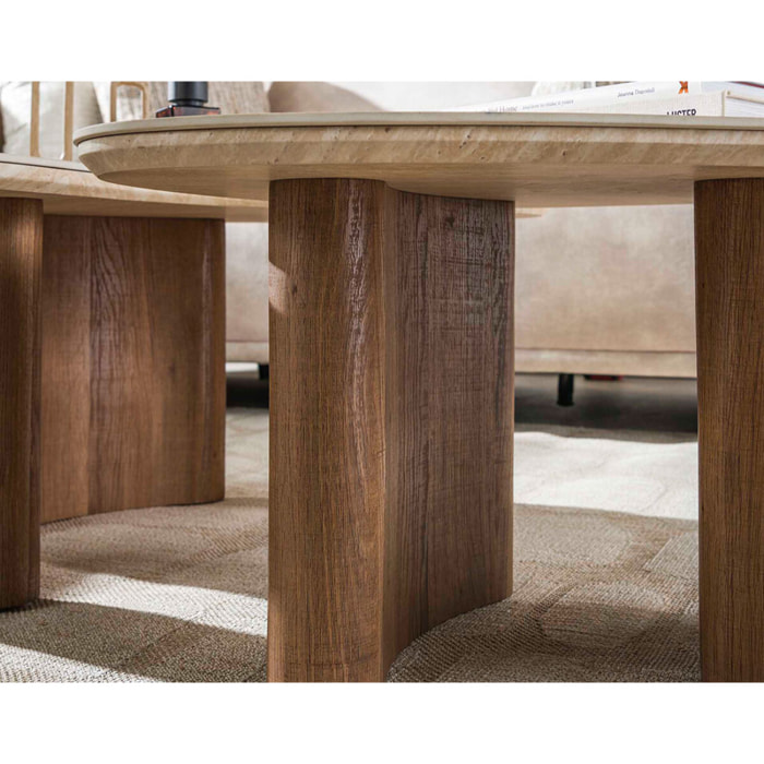 Mohea - lot de 2 tables basses gigognes - effet travertin et bois - 88 et 65 cm - Bois / Blanc
