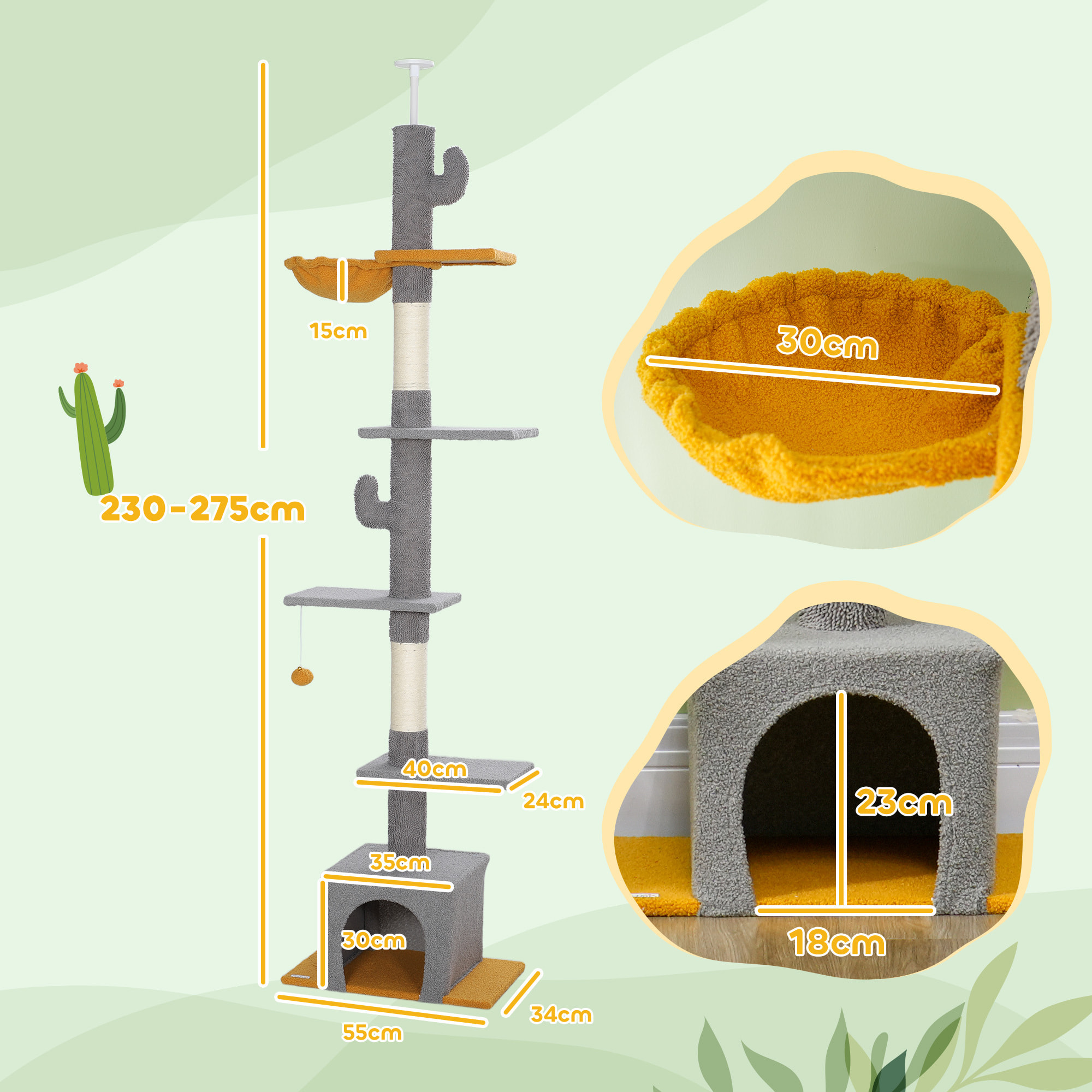 Arbre à chat cactus du sol au plafond - H. réglable 230-275 cm - 6 niv. équipement multiple - gris