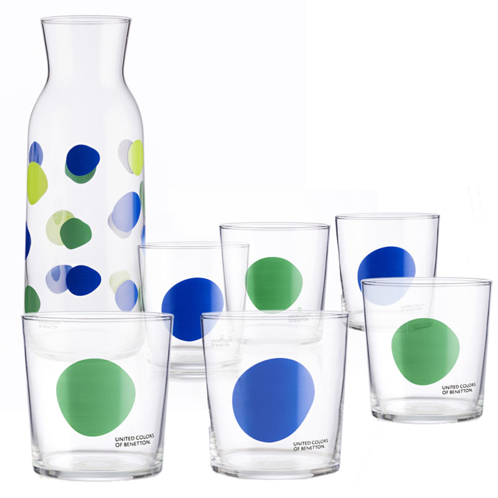 Set cristalería 7 piezas: jarra y 6 vasos de vidrio decorados benetton