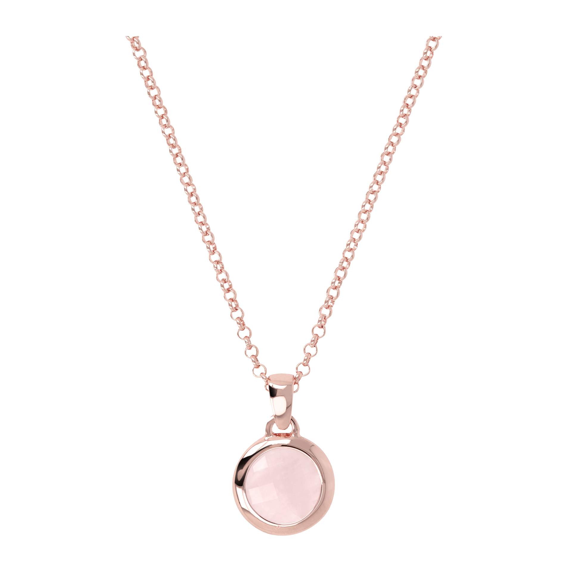 Collana Short Catena Rolo con Pendente Tondo in Pietra Naturale Sfaccettata Quarzo Rosa