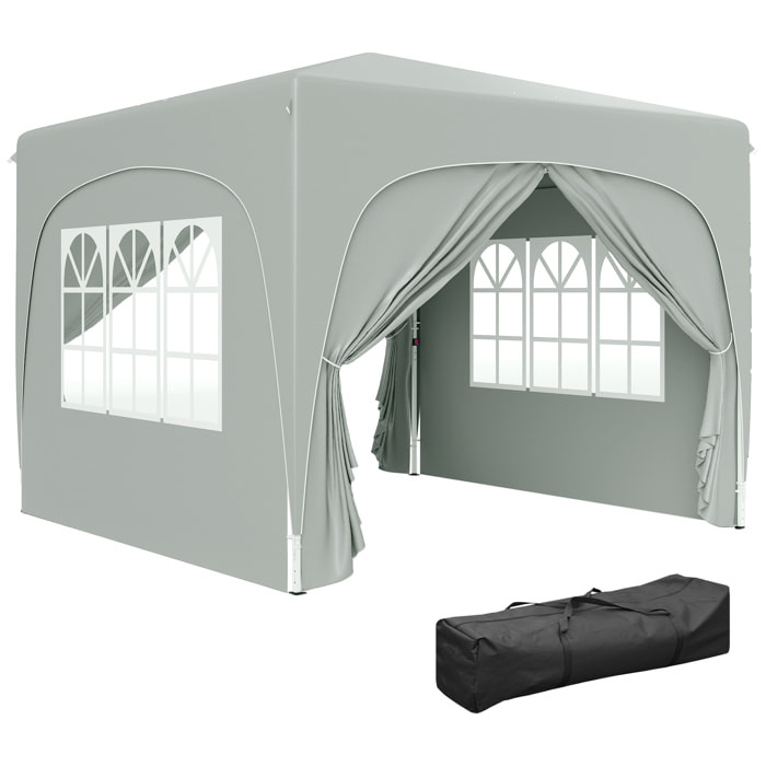 Carpa Plegable 3x3 m, Cenador Pabellón de Jardín con Altura Ajustable de 3 Niveles, 4 Paredes Laterales, Ventanas y Bolsa Transporte, UPF50+, Impermeable para Fiestas, Exterior, Gris
