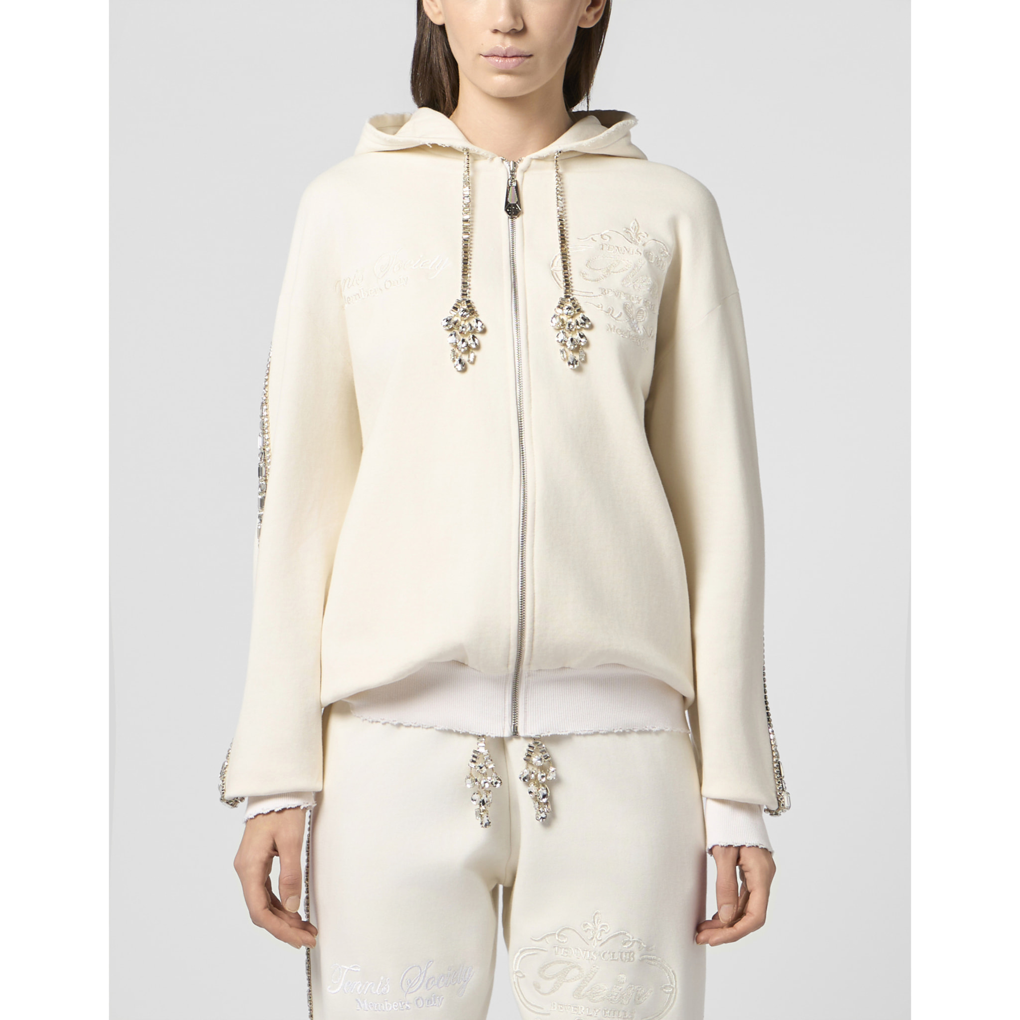 PHILIPP PLEIN Washed Zip Hoodie Tennis Club Crystals