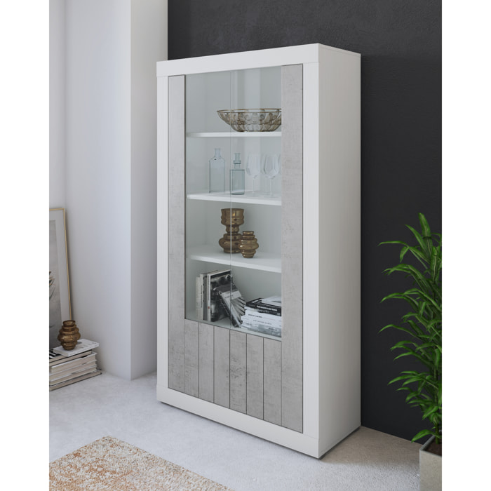 Vetrina Moderna 2 Ante In Vetro Con Pannelli Effetto Legno Libreria Soggiorno Sala da Pranzo Vetrinetta Stile 104.8x41.8x191 Cm Grigio Cemento