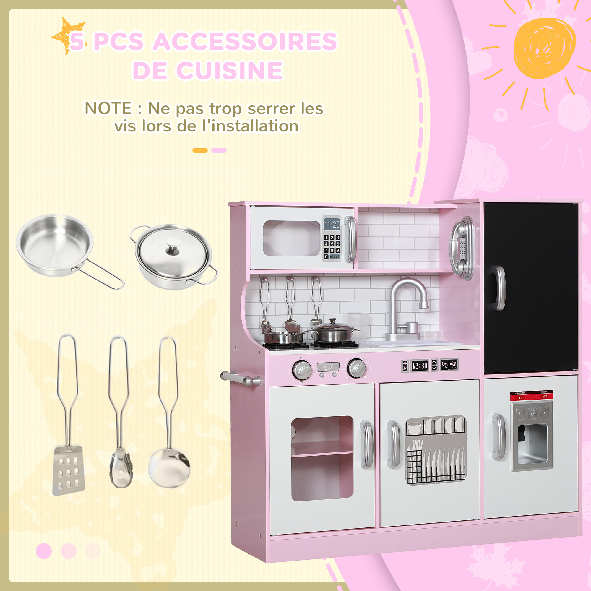 Cuisine enfant - jouet d'imitation cuisine multi-équipée - 5 accessoires acier inox - blanc rose