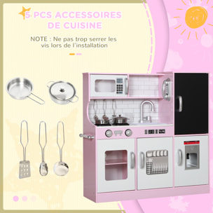Cuisine enfant - jouet d'imitation cuisine multi-équipée - 5 accessoires acier inox - blanc rose