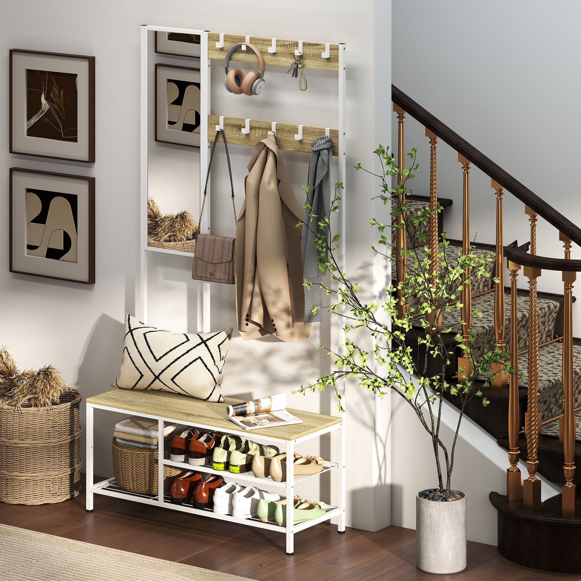 Perchero Zapatero con Espejo, Perchero Entrada Recibidor 4 en 1 con 3 Estantes, Banco, 10 Ganchos Ajustables, Estilo Moderno, para Pasillo, Dormitorio, Salón, 98x34x186 cm, Madera Natural