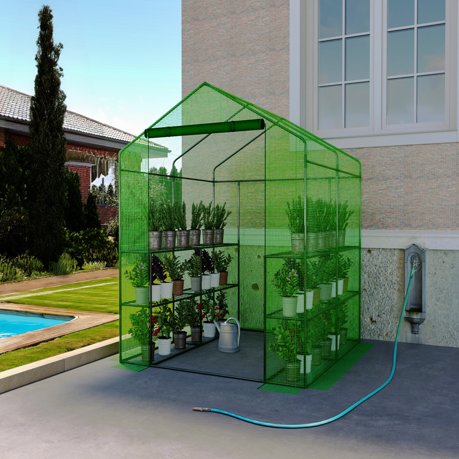 Serra Da Giardino Con 8 Scaffali Ripiani Per Piante Orto Telaio Acciaio Verniciato Telo PE Verde Porta Avvolgibile Apertura A Cerniera 143x138x190 Cm