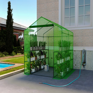 Serra Da Giardino Con 8 Scaffali Ripiani Per Piante Orto Telaio Acciaio Verniciato Telo PE Verde Porta Avvolgibile Apertura A Cerniera 143x138x190 Cm