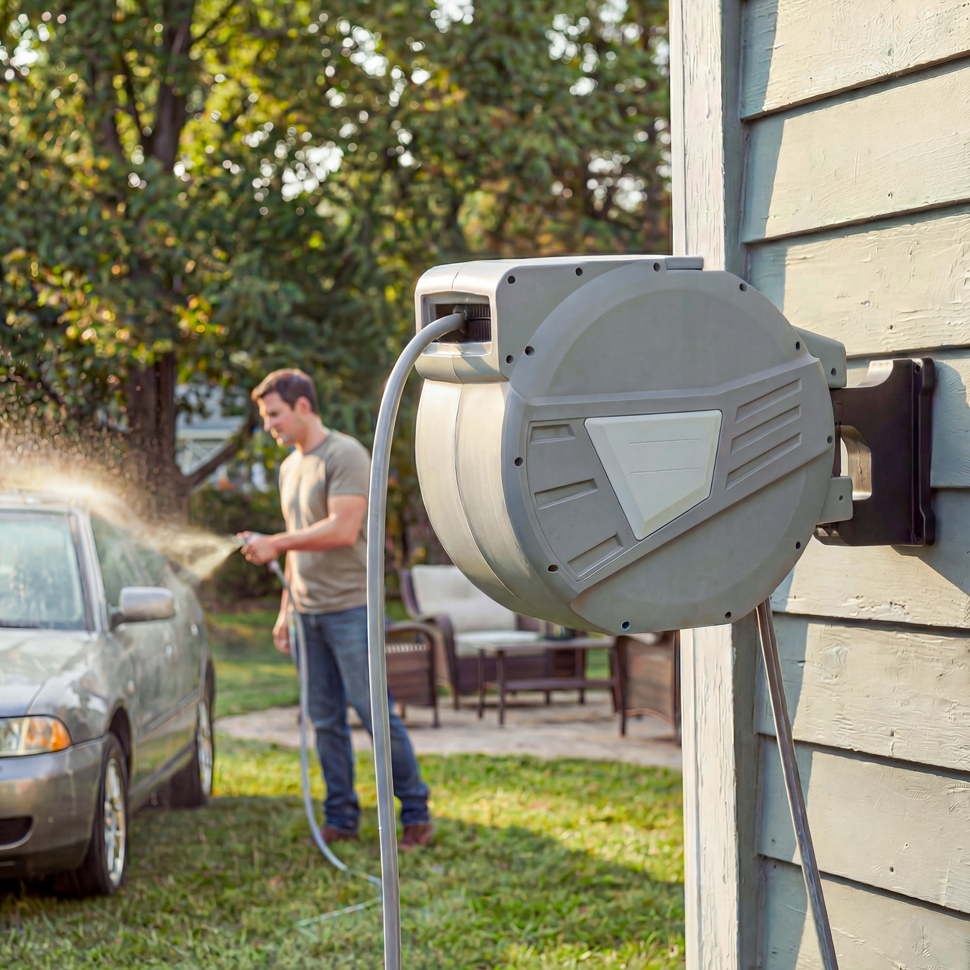 Dévidoir mural enrouleur automatique pivotant 180° tuyau 40 + 2 m avec lance arrosage 2 modes support mural intégré gris clair