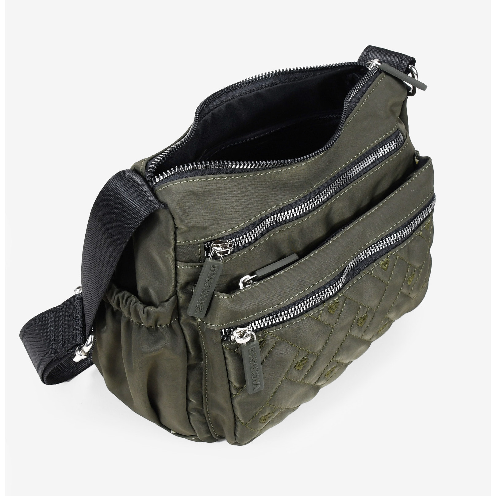 Bolso bandolera verde con cosido de corazones