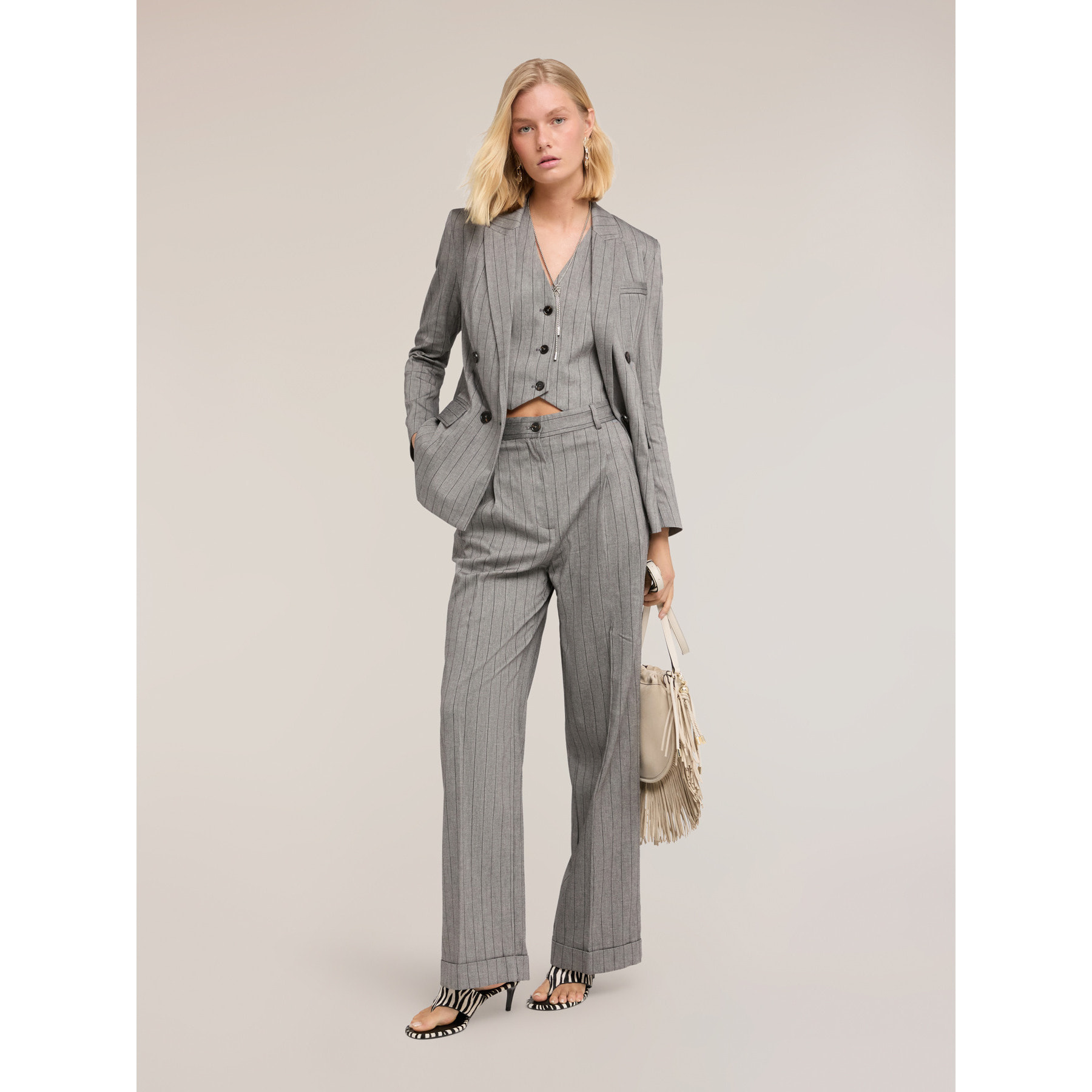 Motivi - Blazer cruzado de rayas diplomáticas en mezcla de lino - Gris