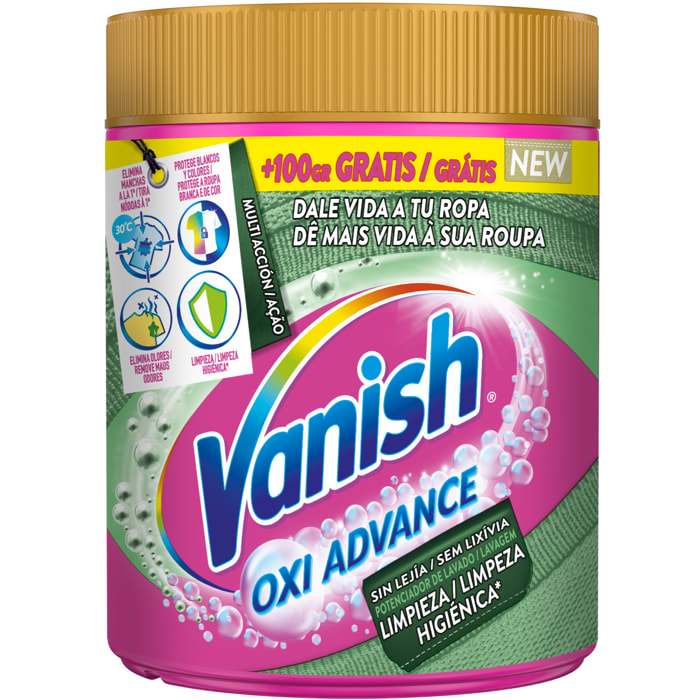 Vanish Oxi Advance Higiene - Quitamanchas multibeneficio para la ropa, limpieza higiénica, elimina olores y potenciador del lavado, en polvo, sin lejía - 800gr + 100 GR