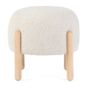 Pouf DAYLA in tessuto naturale effetto bouclé e gambe in legno rubber wood