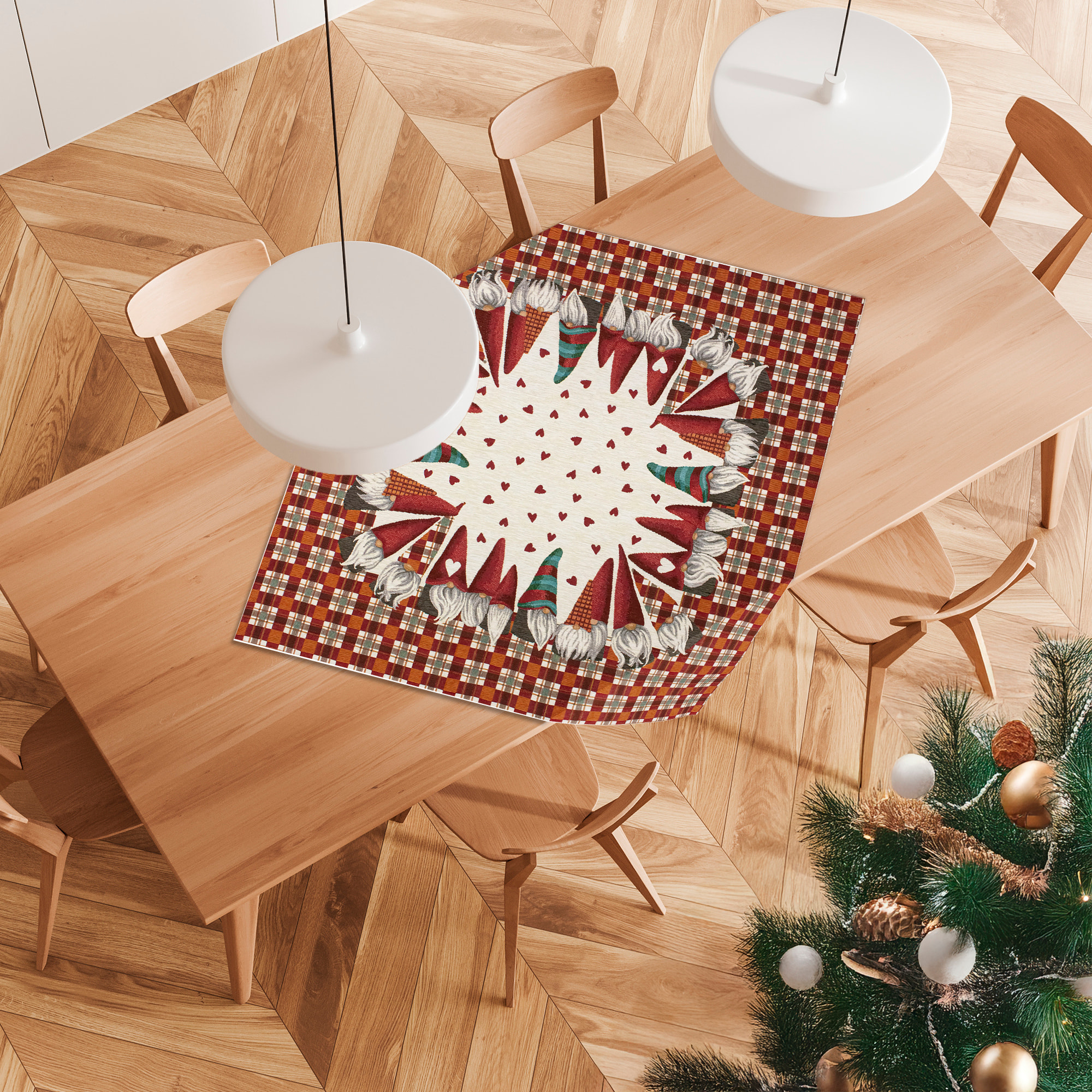 CENTROTAVOLA NATALIZIO JACQUARD GNOMI SCOTTISH FAMILY ROSSO