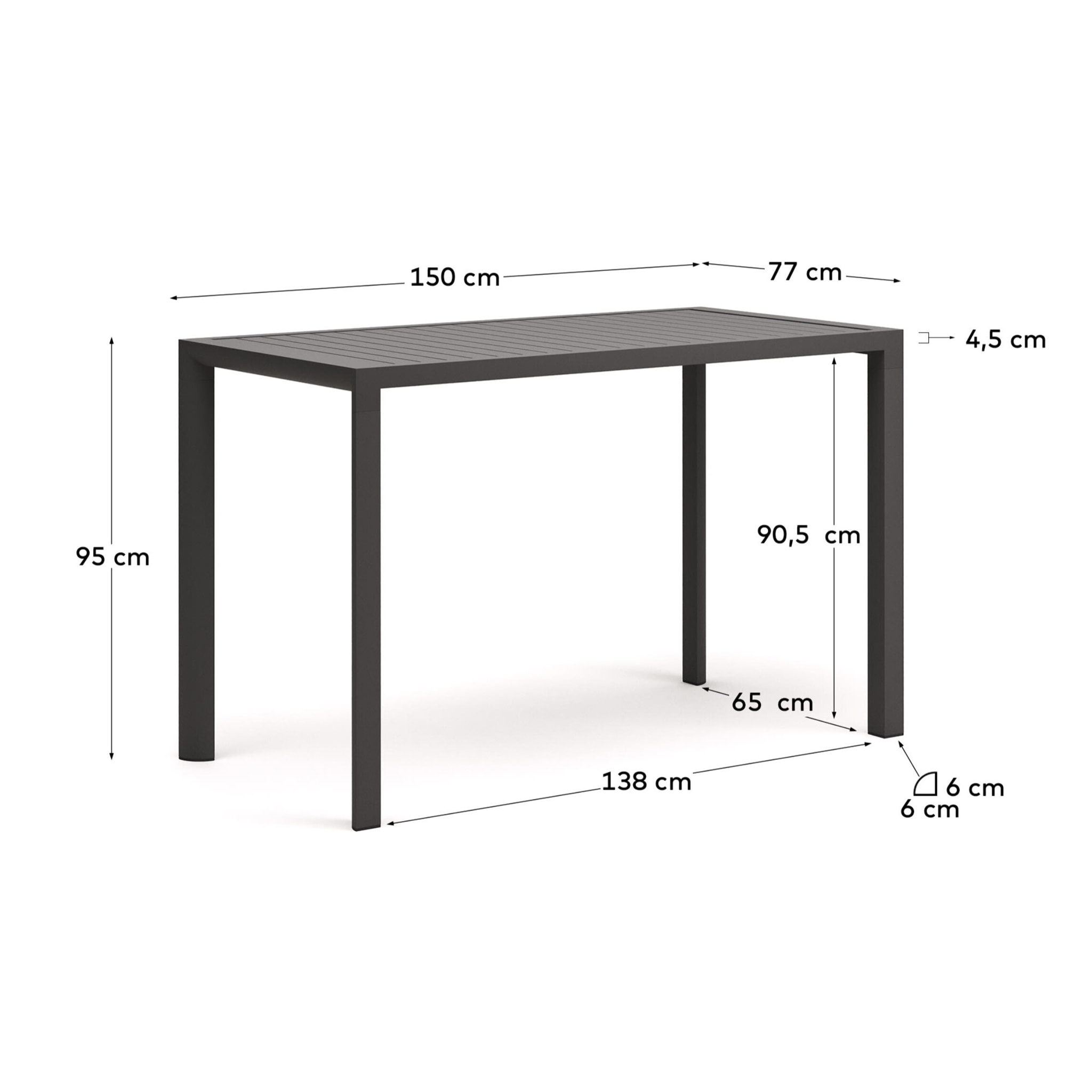 Kave Home - Tavolo da esterno alto Culip in alluminio finitura grigia 150 x 77 cm