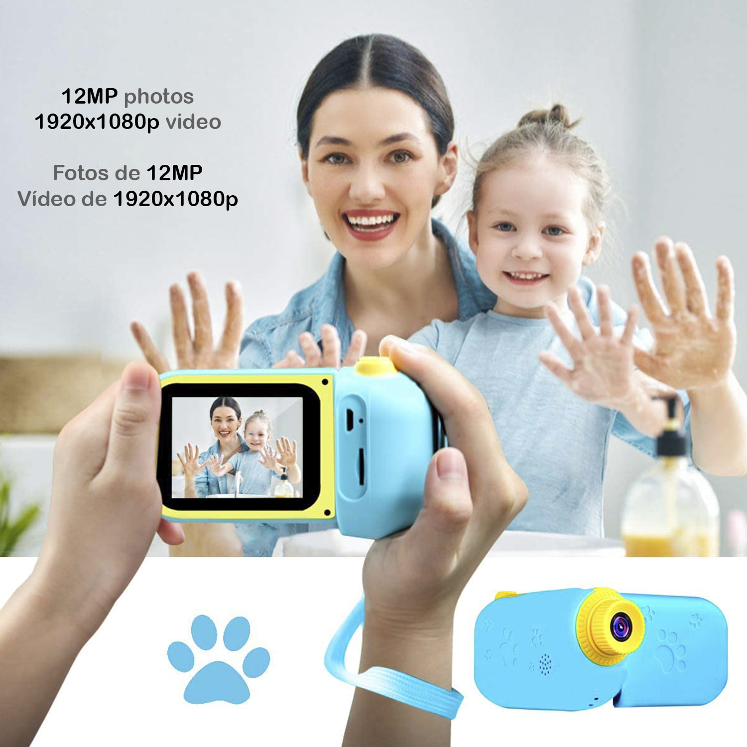 Fotocamera digitale per bambini di foto e video con giochi. Schermo pieghevole da 2,4". 12 mpx e video Full HD.