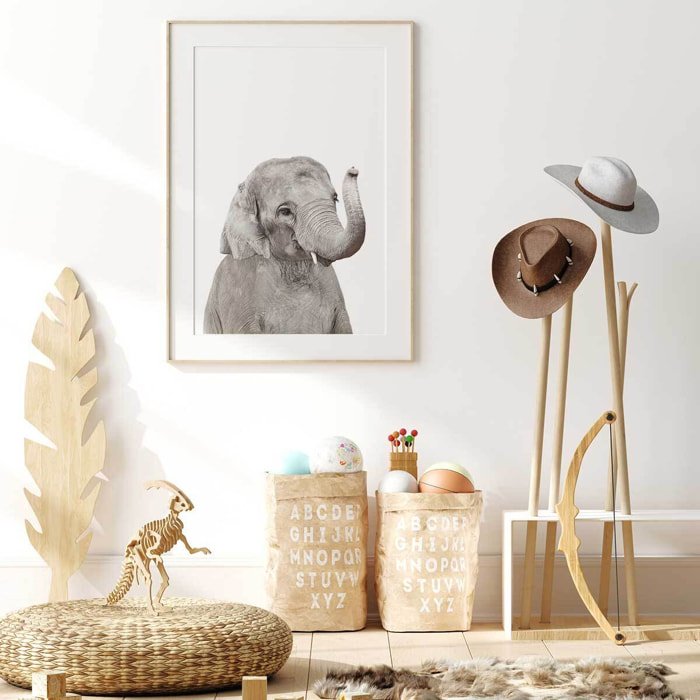 Affiche enfant bébé élephant  Affiche + cadre en bois - Chêne