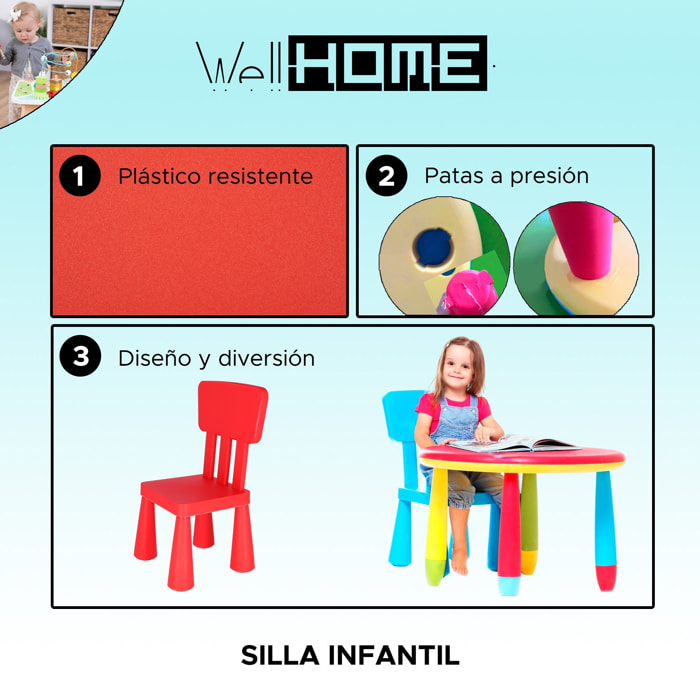 Well home - silla infantil roja en plástico fuerte y resistente, l:38 cm x f:35 cm x h:67 cm