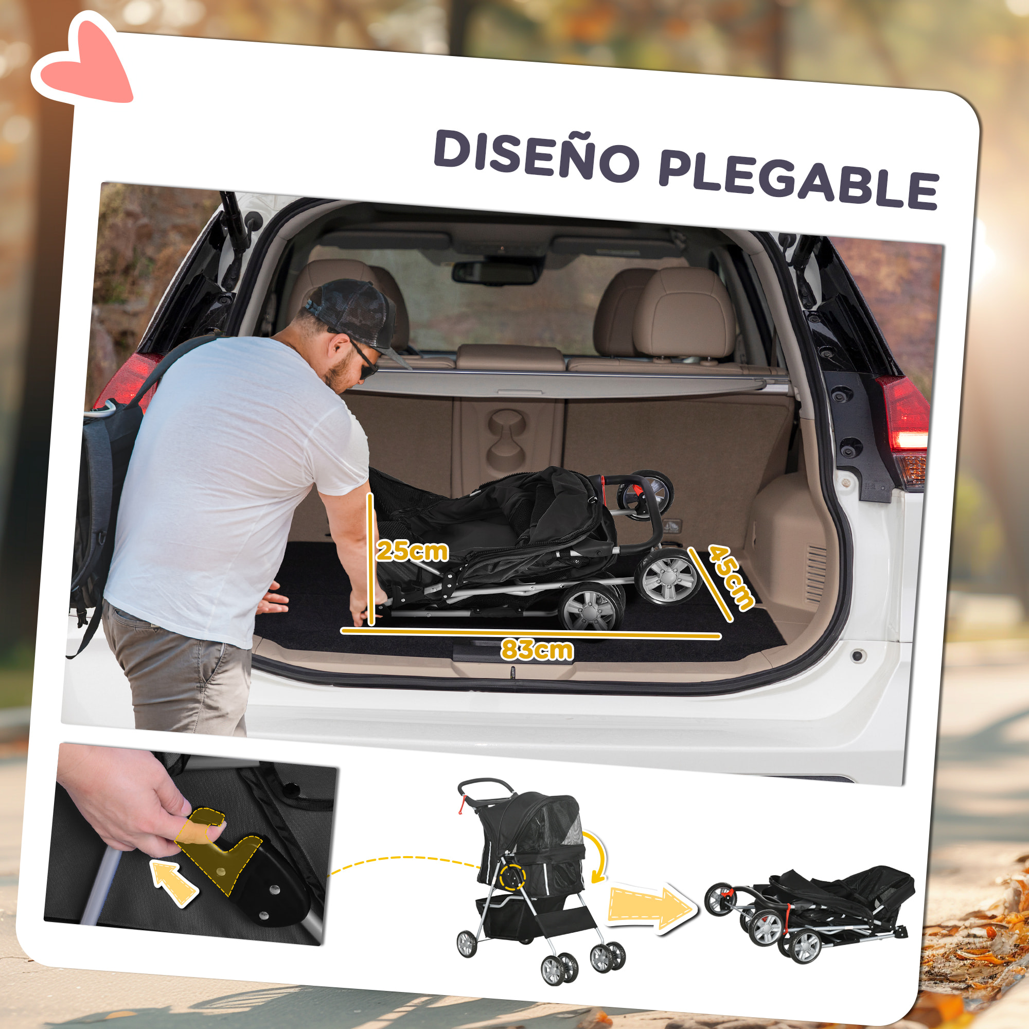 Carrito para Perros Plegable Cochecito para Mascotas Carrito para Perros Pequeños con Toldo Ajustable Cesta de Almacenaje Ventanas de Malla Portavasos y Ruedas 75x45x97 cm Negro