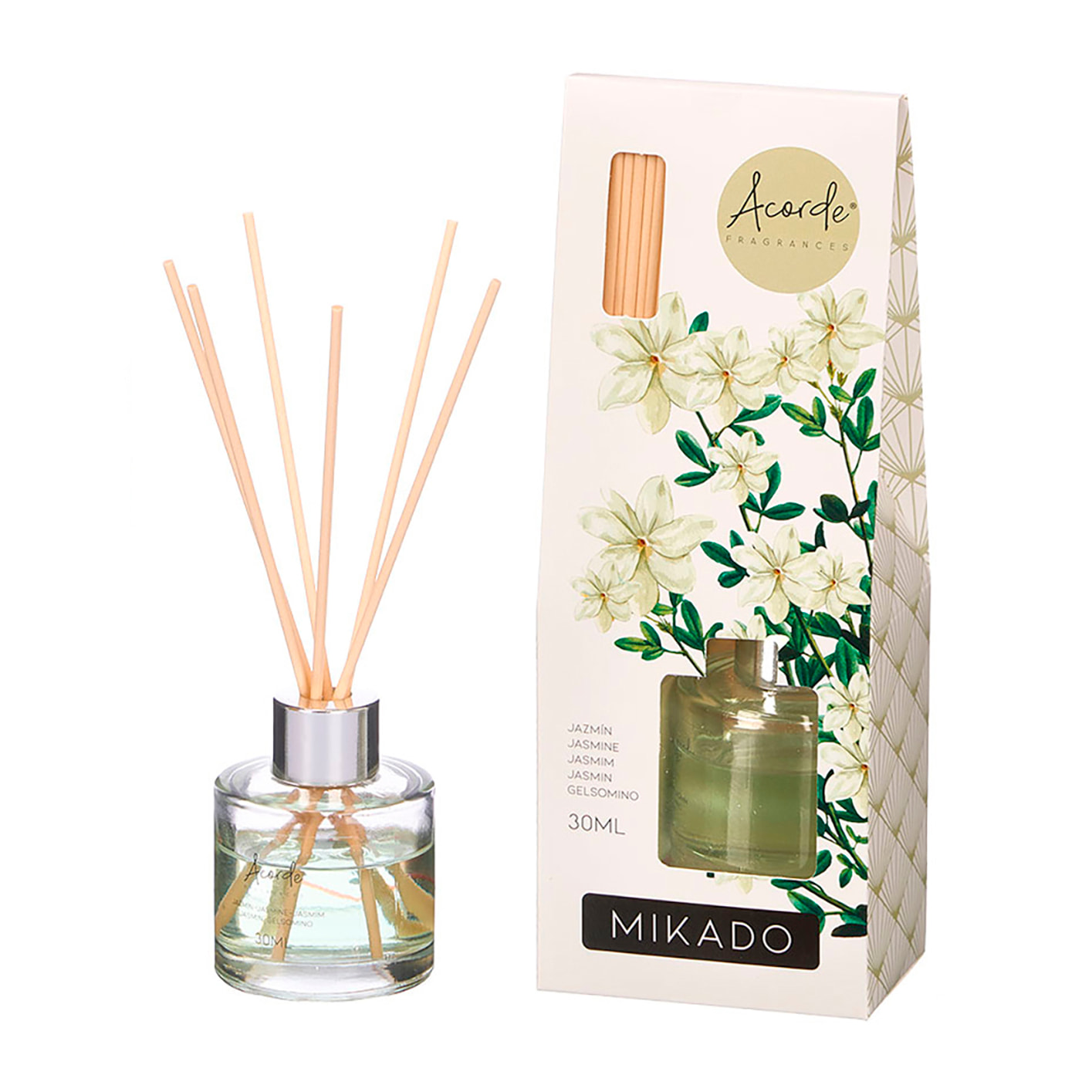 Pack 12 mikados con olor a jazmín. Frasco de 30ml y 6 varillas de fragancia.