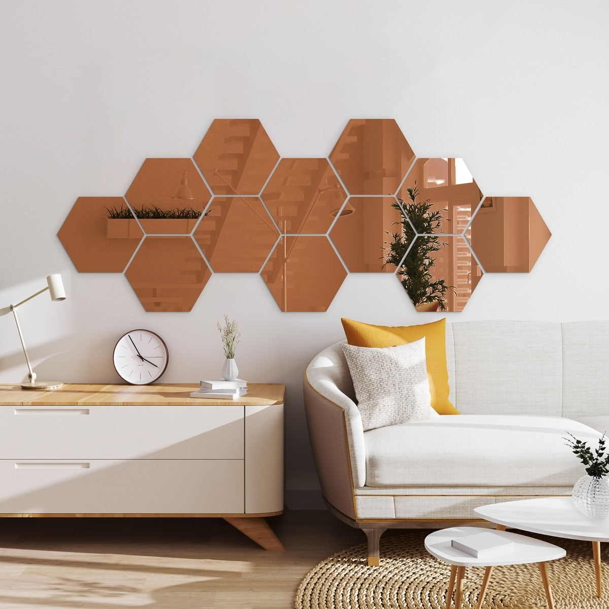 12 stickers miroirs hexagonaux rose or