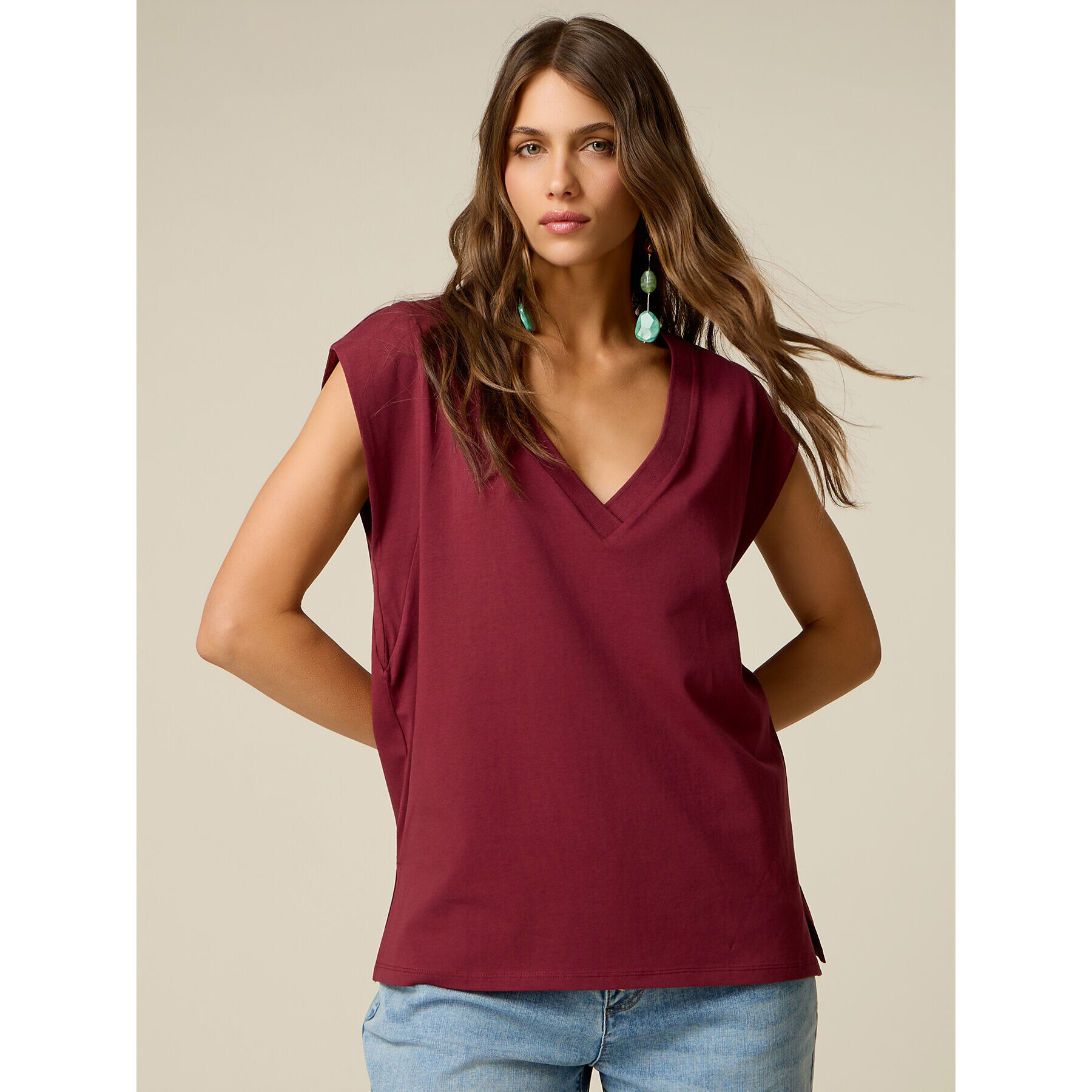 Oltre - Camiseta de algodón con cuello en V - Burgundy