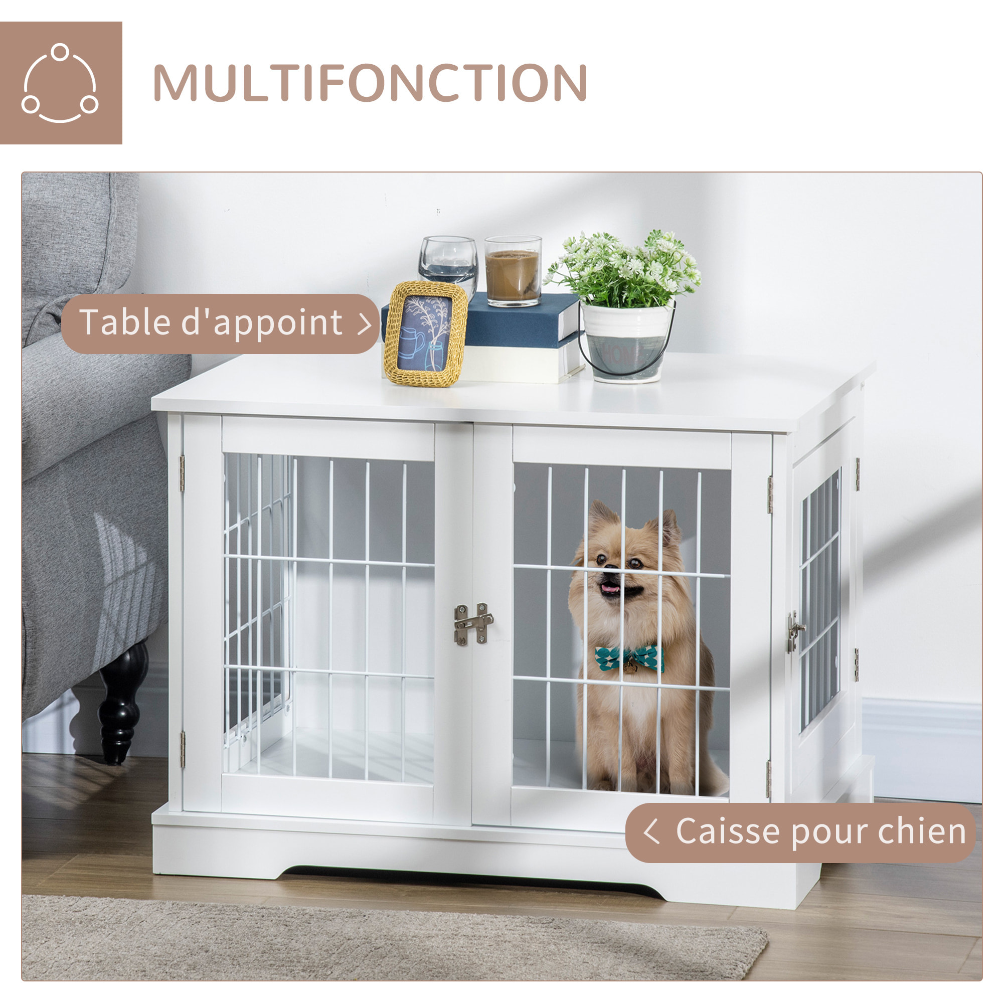 Cage pour chien animaux table d'appoint 2 en 1 - 2 portes verrouillables - dim. 76L x 54,5l x 56H cm - MDF acier blanc