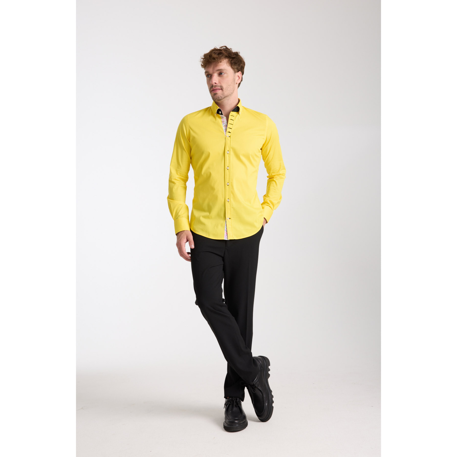 Camicia Uomo 1 Bottoni Button Down Slim Popeline Stretch Unito Giallo