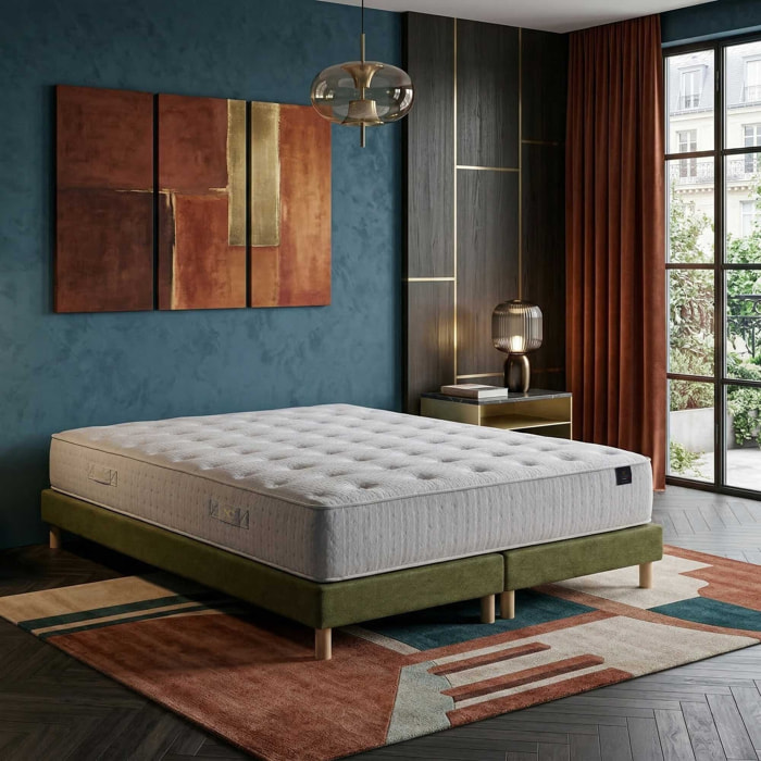 Ensemble matelas ressorts ensachés ARTÉMIS 2, accueil mémoire de forme, H26 cm, sommier vert