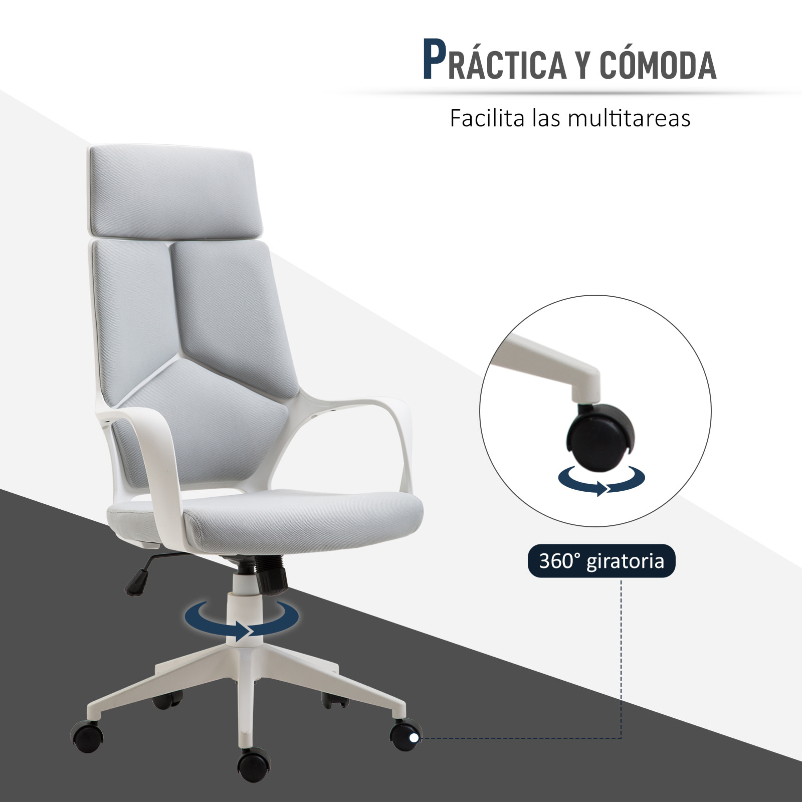 Silla de Oficina Giratoria, Función Basculante, Silla de Escritorio de Malla con Altura Ajustable, Respaldo Alto y Reposabrazos, para Estudio, Dormitorio, Despacho, Carga 120 kg, Gris