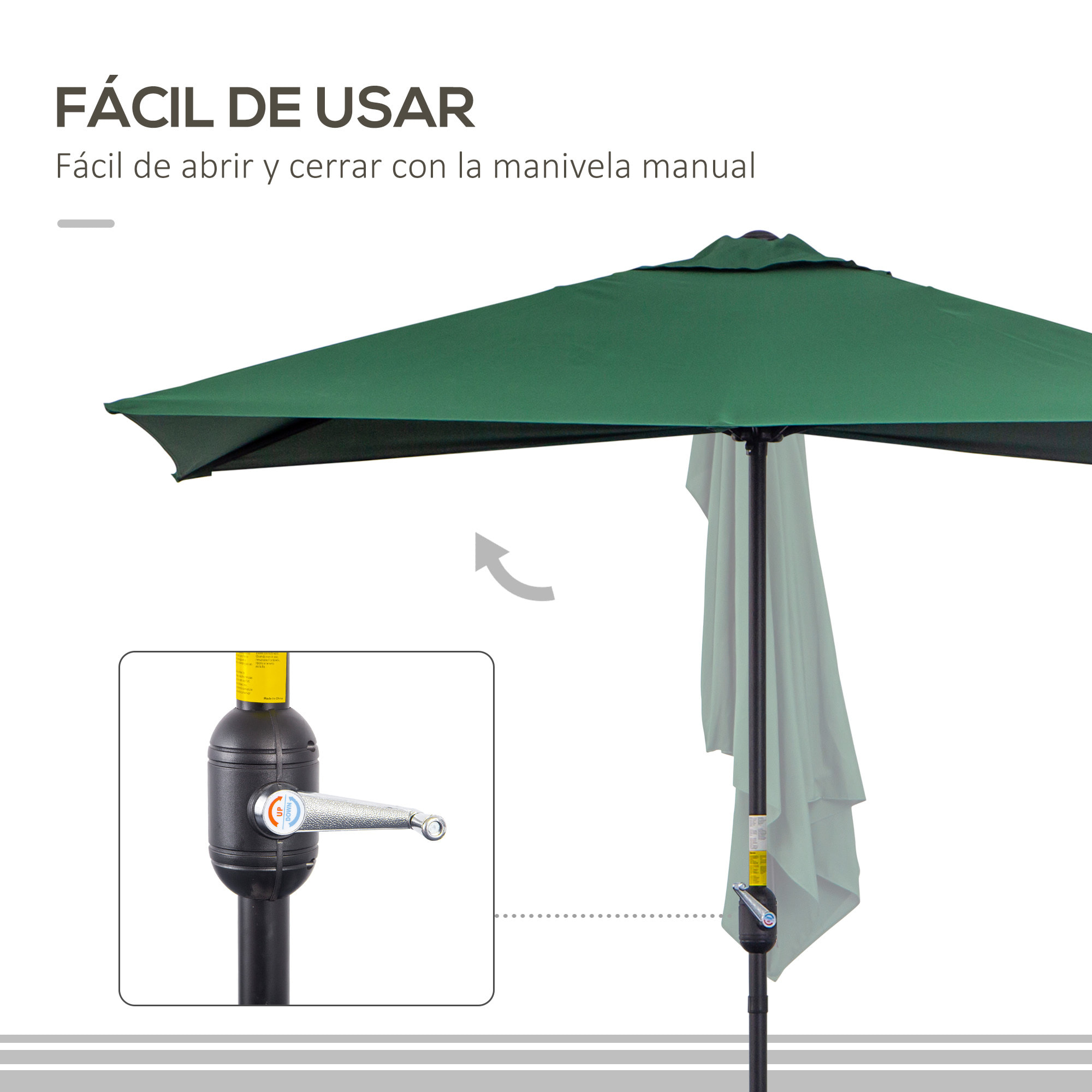 Sombrilla Rectangular 230x130x245 cm Parasol para Pared Media Sombrilla con Manivela Protección UV 30+ Impermeable Sombrilla para Balcón Terraza Jardín Verde