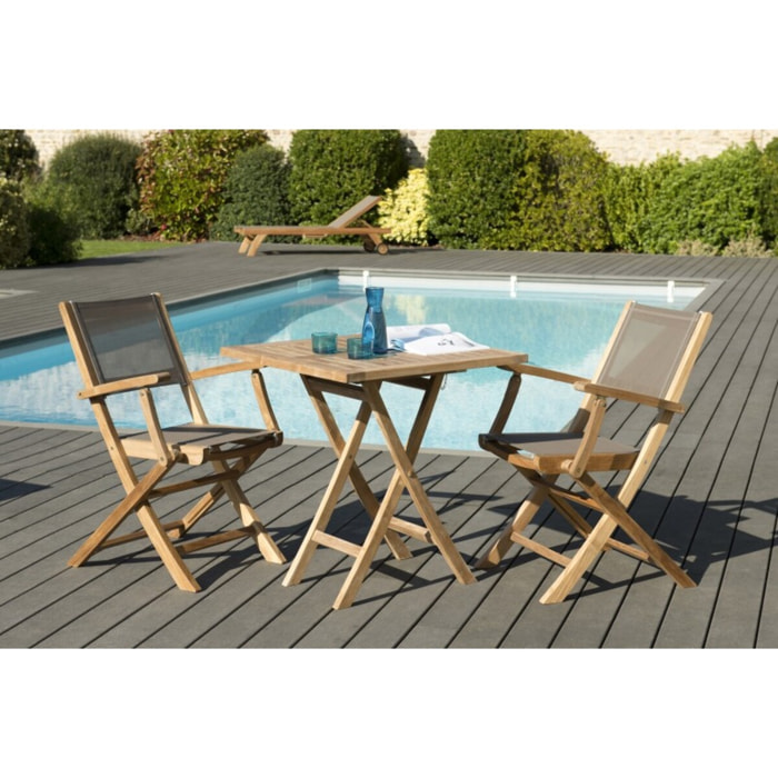 FUN - SALON DE JARDIN EN BOIS TECK 2 pers. - 1 Table carrée pliante 70 cm et 2 fauteuils pliants textilène couleur taupe