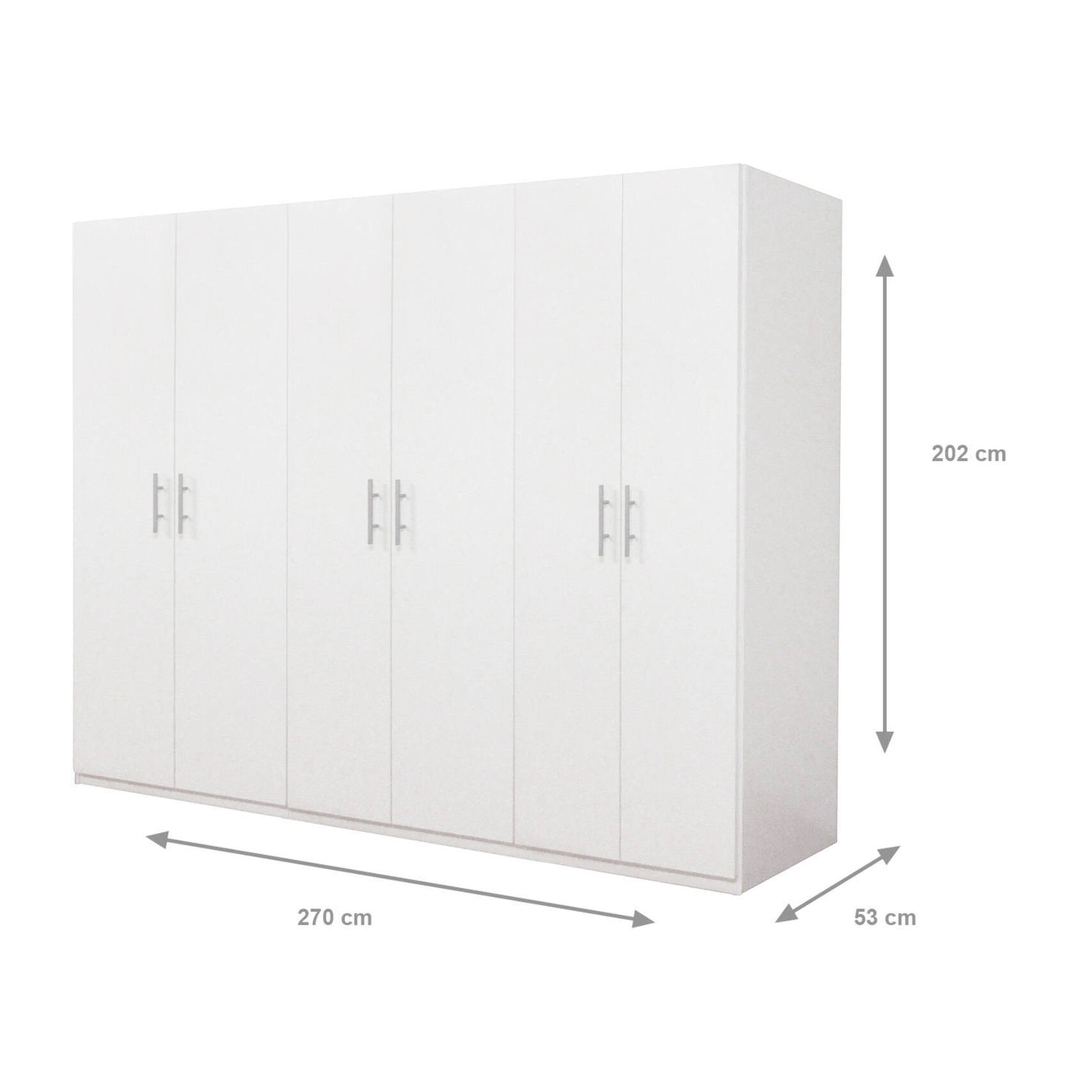 Armadio a 6 ante battenti, bianco opaco, con tubo appendiabiti, Misure 270 x 202 x 53 cm