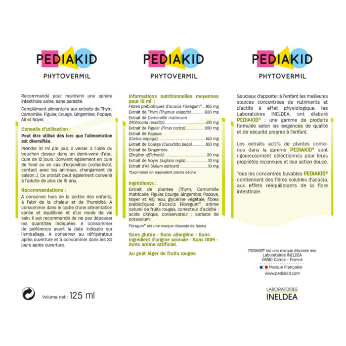 Pediakid - Phytovermil - Complément Alimentaire Naturel -Contribue au Maintien d'une Sphère Intestinale Saine - Bouchon Doseur Inclus - Arôme Fruits Rouges - Lot de 2 Flacons de 125 ml