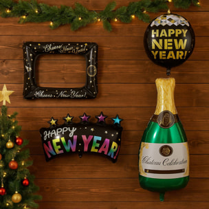 Set de globos para año nuevo - marco 40cm, banner 55cm, champagne 83cm y orbe 35cm
