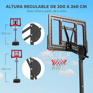 Canasta de Baloncesto Infantil con Altura Ajustable 200-260 cm Canasta de Baloncesto Exterior Portátil con Ruedas Base Rellenable y Bolsa de Peso Rojo y Negro