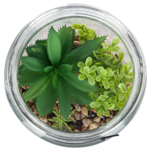 Terrarium avec plante artificielle - pot en verre et couvercle en bois - H22 cm