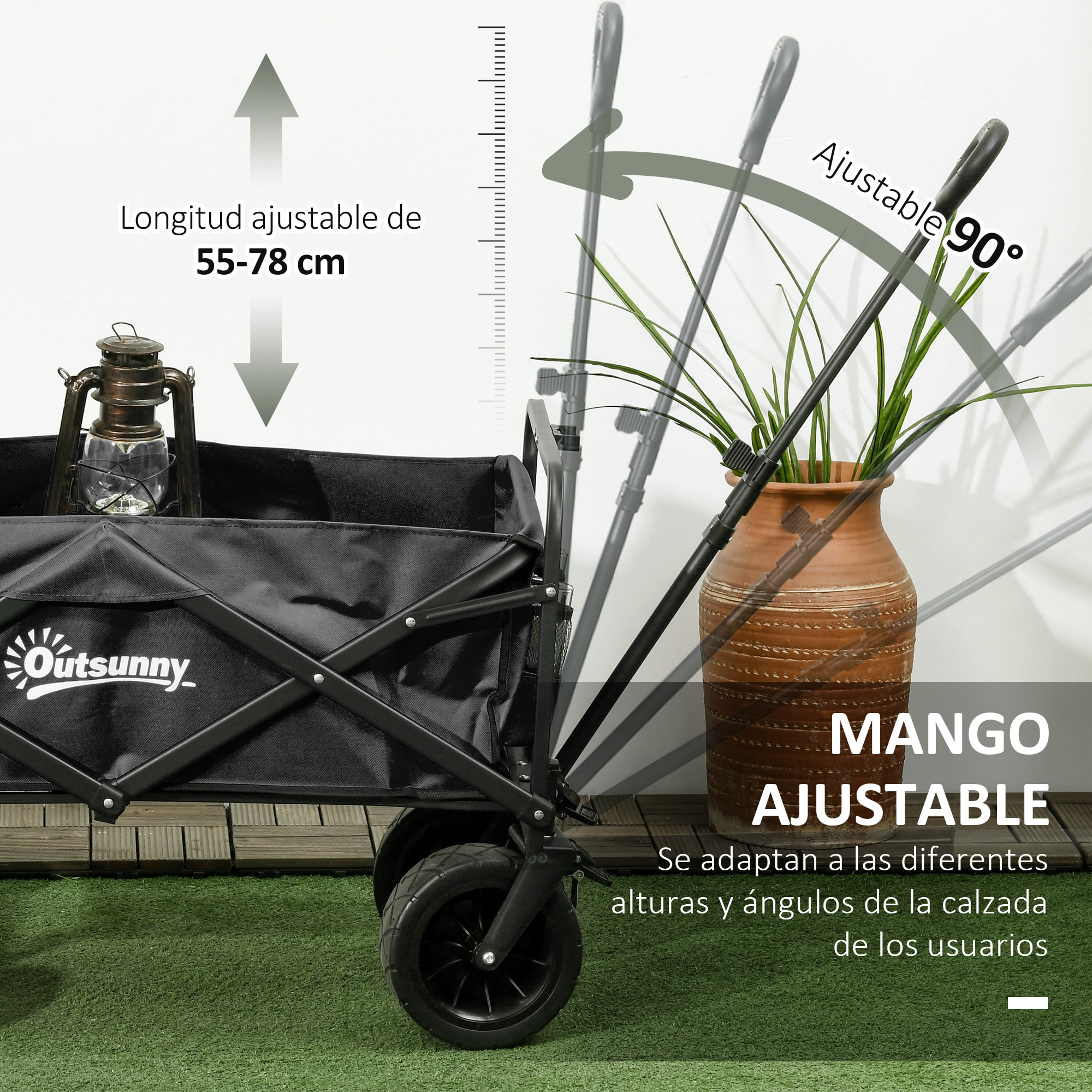 Carro de Jardín con Bolsa Térmica Desmontable Carro Plegable con Longitud y Ángulo del Mango Ajustables y Bolsa de Transporte Carga 100 kg Negro