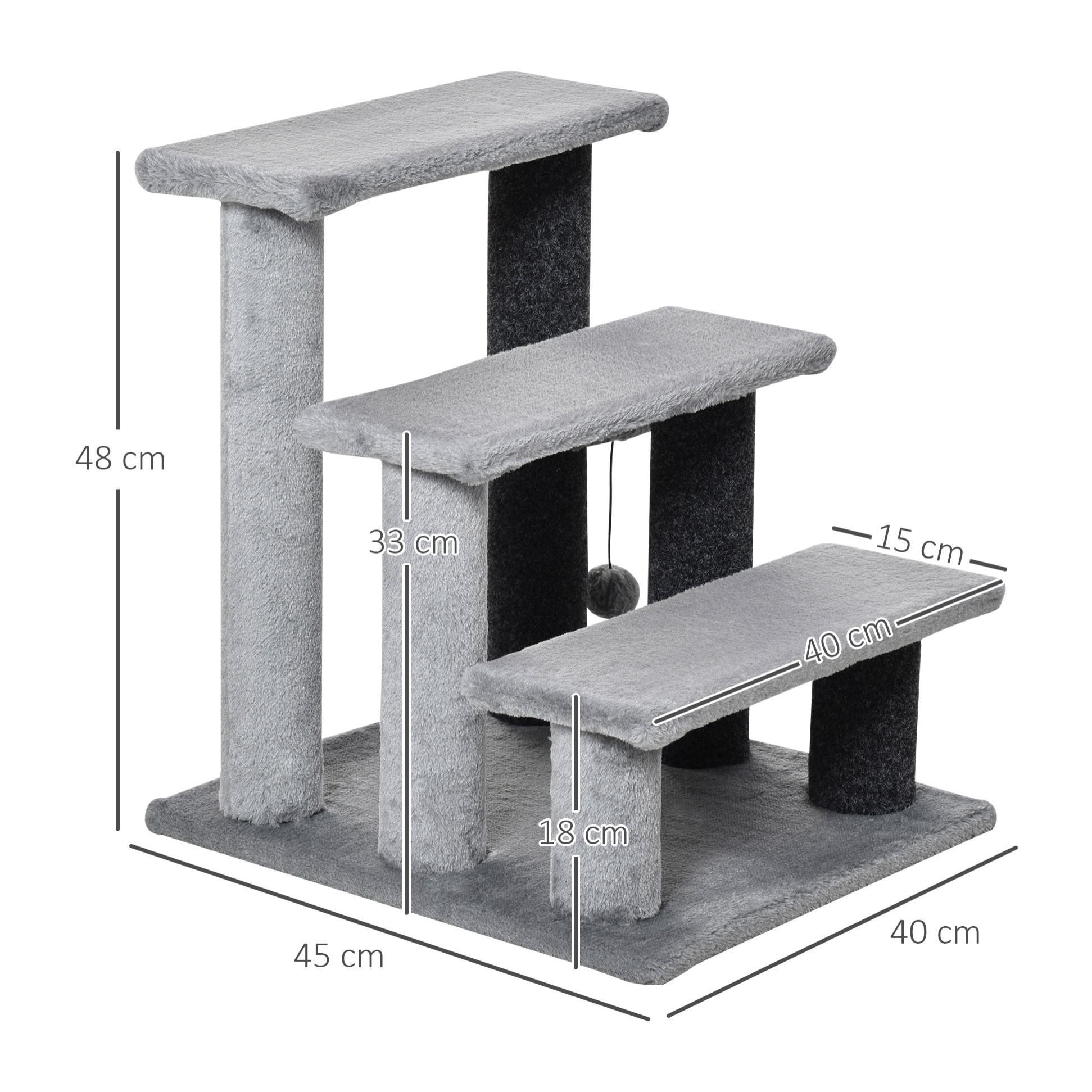 Escaleras para Gatos de 3 Escalones Escaleras para Mascotas Árbol Rascador para Gatos Pequeño con Poste Rascador Bola Colgante 45x40x48 cm Gris