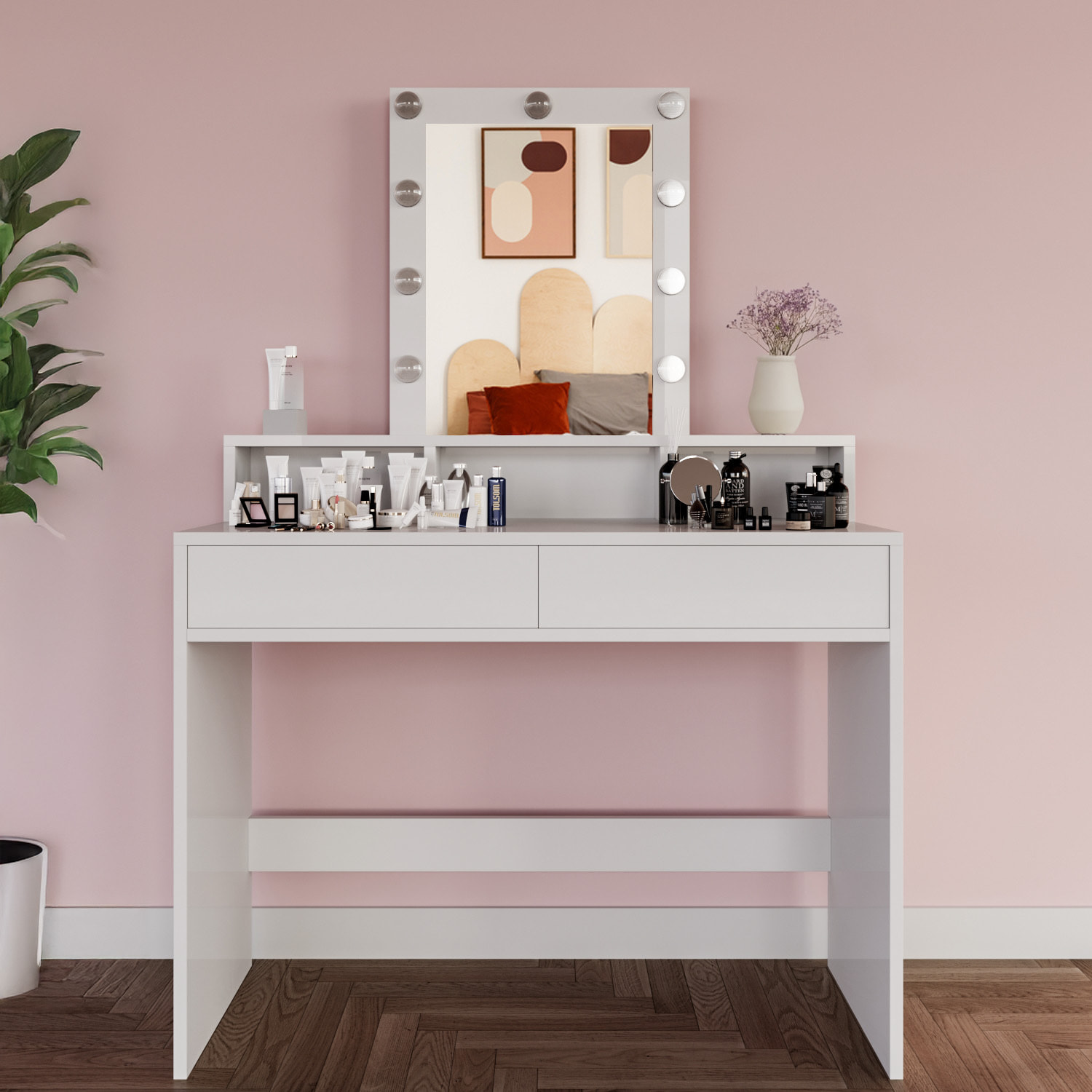 Toeletta Tavolino Da Trucco Tavolo Con 9 Luci LED Con Luminosità Regolabile Specchio 2 Cassetti 3 Vani A Giorno Postazione Make Up 40 x 100 x 145 Cm