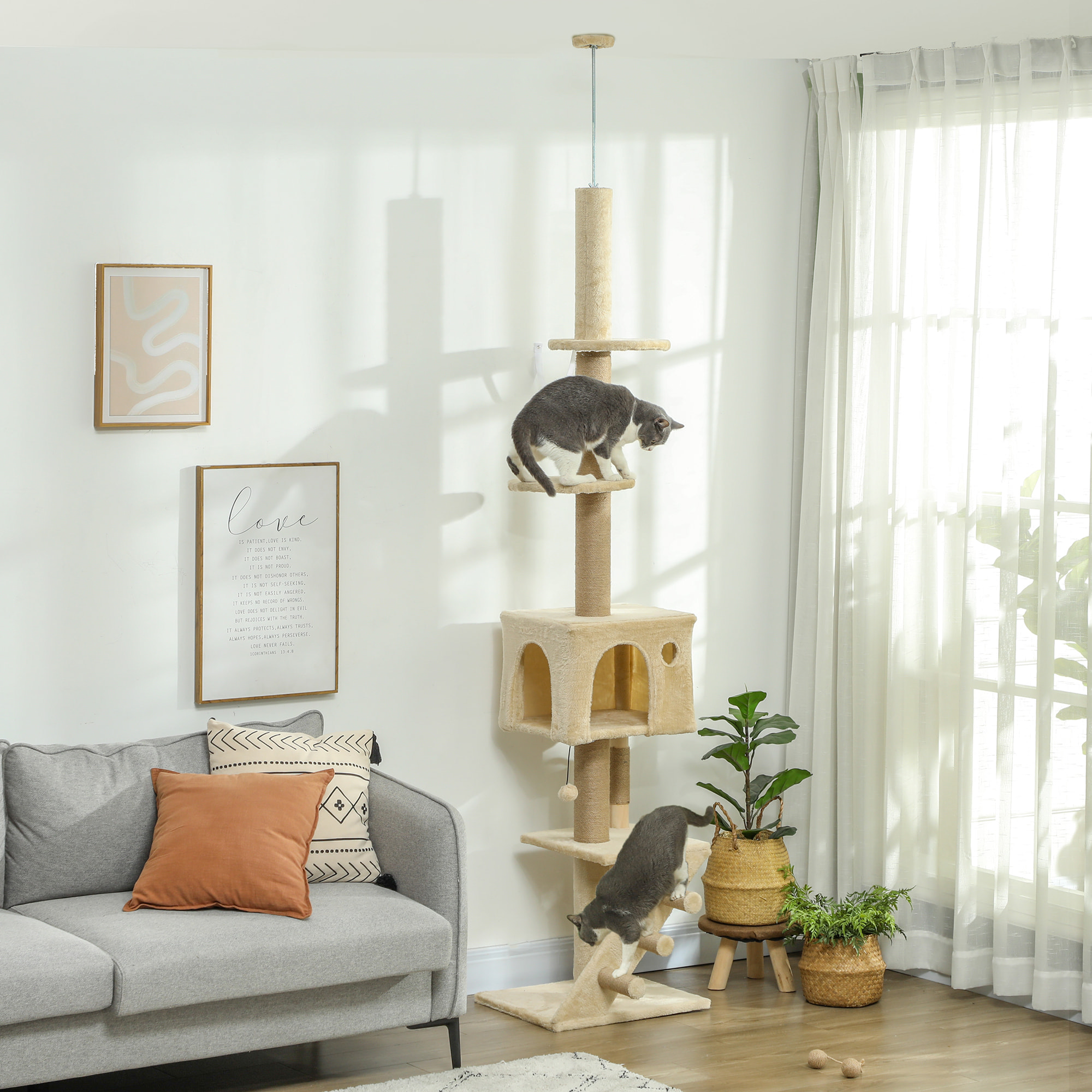 Árbol para Gatos de Suelo a Techo de 225-265 cm Árbol Rascador para Gatos con Altura Ajustable Múltiples Plataformas Escalera Bola Colgante Beige