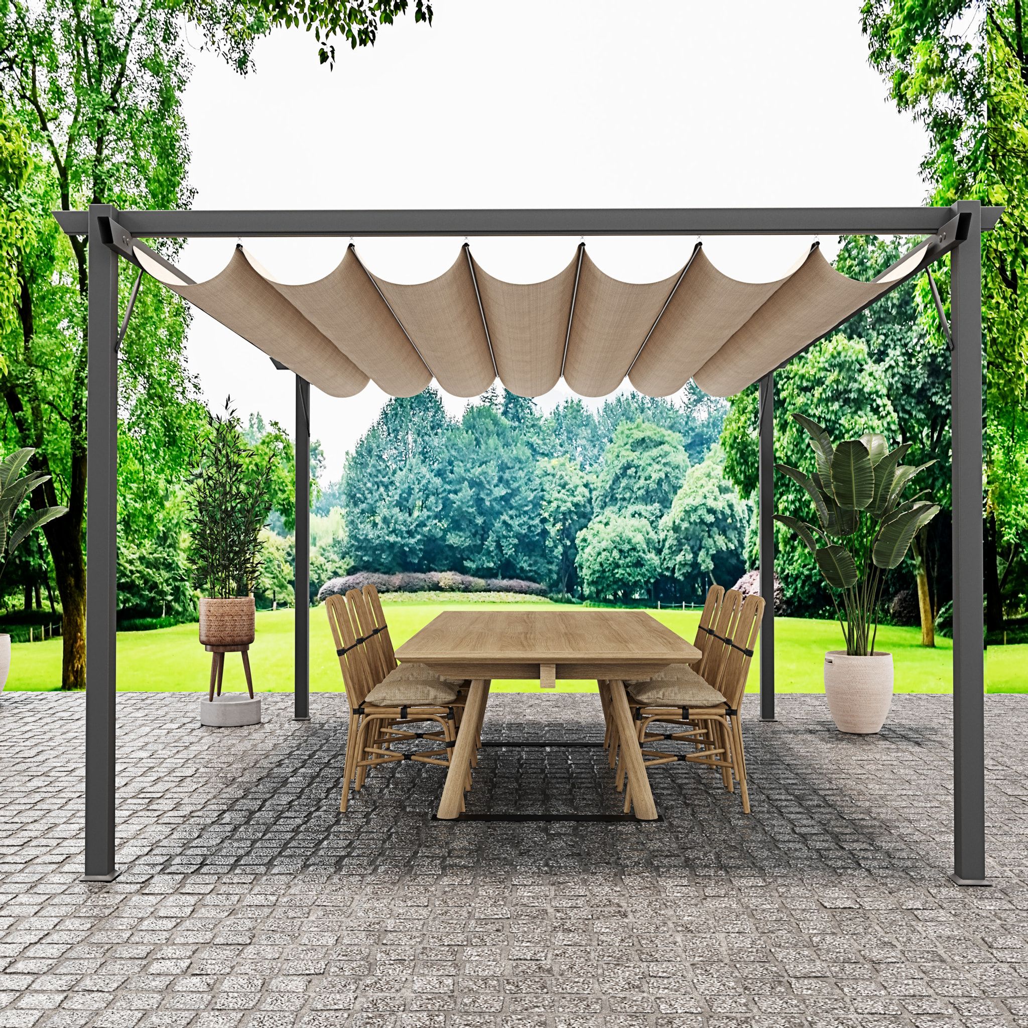 Gazebo Pergola 3x4 M Pergolato Telo Impermeabile Retrattile Struttura In Acciaio Giardino Terrazzo Piscina Esterno Fiere Campeggio Design Beige