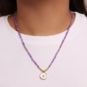 Collana con Ametista Viola e Pendente Luna Martellato in Madreperla